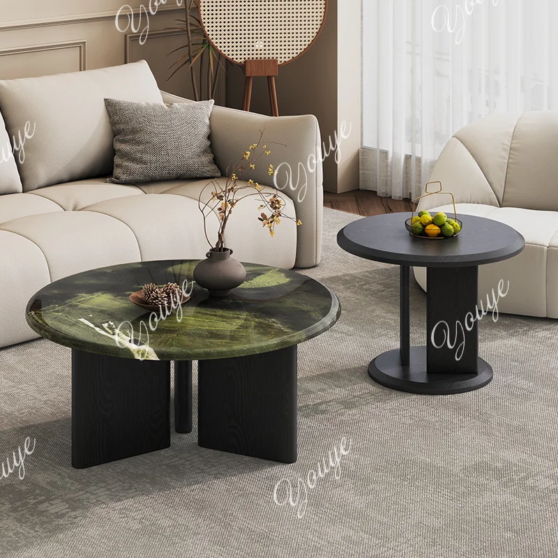 이탈리아 미니멀리스트 스타일 원형 커피 테이블 세트 가정용 소형 아파트 아보카도 그린 대리석 커피 테이블