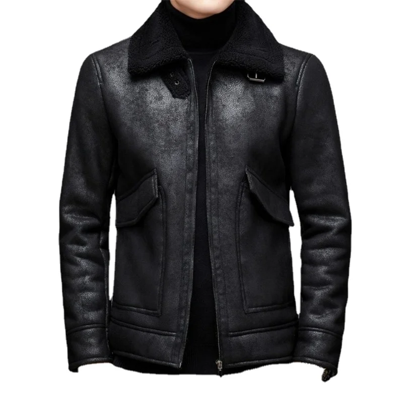 2024 Autumn Winter New Men's Plush Thickened Leisure Leather Coat Middle and Young Male Lapel Zipper Fur Integrated Jacket  C12