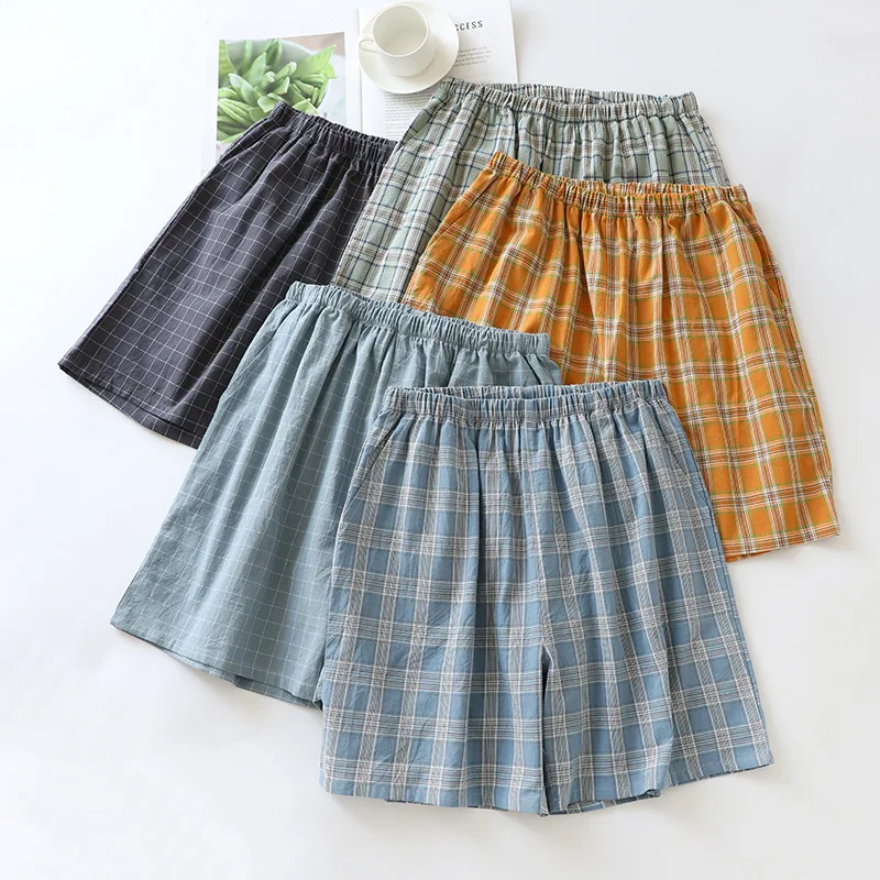Men's Plaid Cotton Gauze Loose Shorts Lightweight Spring Summer Casual Home Loungewear Bottoms