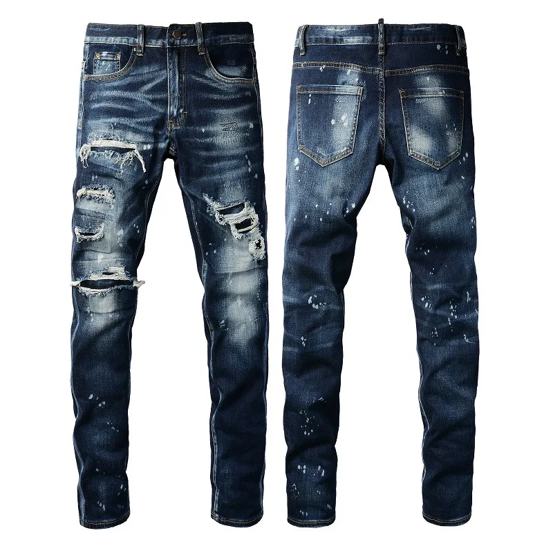 

Stylish D2 Ripped Patch Retro Blue Jeans for Men Fashion Distressed Denim Pants