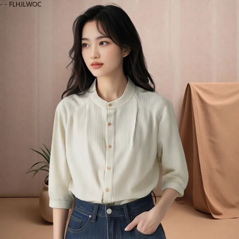 

2025 женские милые топы в стиле ретро в полоску в консервативном стиле, винтажные японские корейские дизайнерские однобортные пуговицы, элегантные рубашки из конопли, блузки