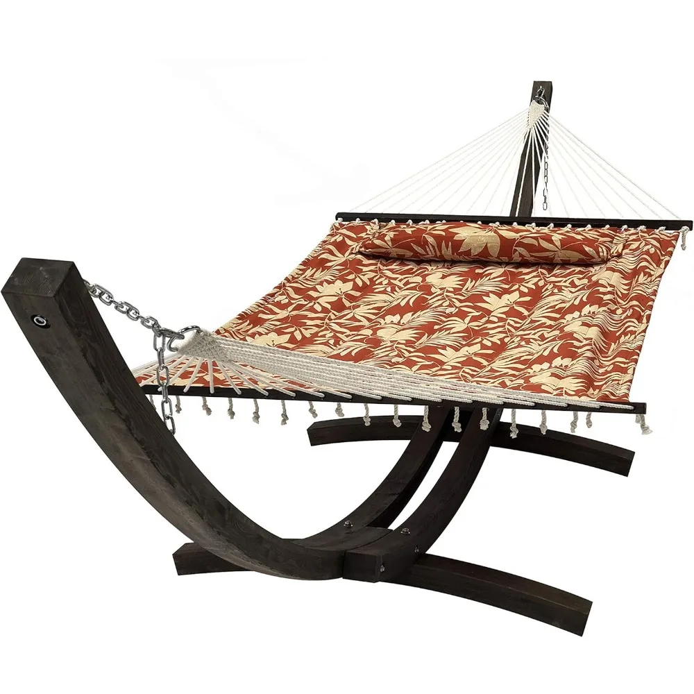 

14 Ft. Wooden Arc Hammock Stand + Deluxe Quilted Double Padded Hammock Bed w/Pillow. 2 Person Bed. 450 LB Capacity(Coffee Stain/