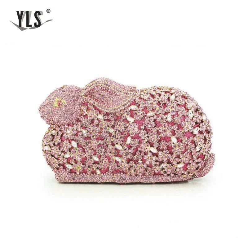 

Cute animal rabbit woman pink crystal Minadir handbag evening dress diamond wedding party handbag gold silver