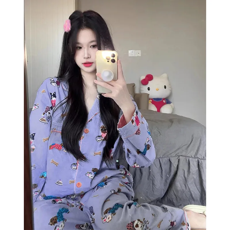 Cartoon Puppy Printing Kawaii Pajamas Spring and Summer Long-sleeved Trousers and Loose Lapels Korean Hot Sale Fashion Sleepwear