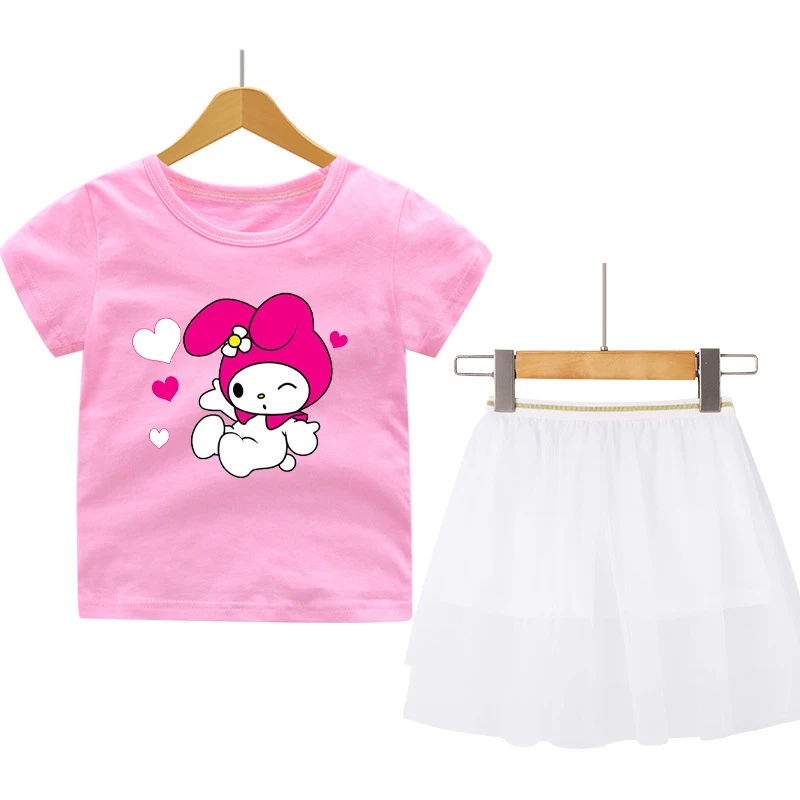 Sanrios Hellokittys My Melody Cotton Color Baby T-Shirt Gauze Skirt Suit Summer Diy Graffiti Design Cartoon Cute Kids Set Gifts