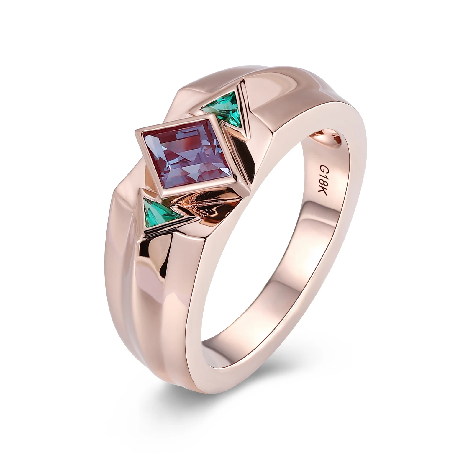 Provence 18K Rose Gold Three Stone Ring With 6*8mm Rhombus LabAlexandrite Gem For Men Classic Thick Band Anniversary Party