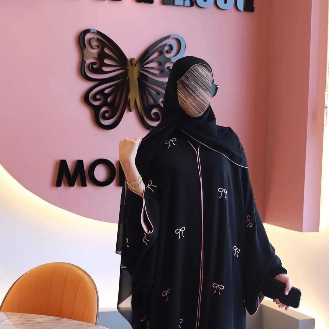 高級アバヤ ムスリム着物 ドバイ ブラックボウ 刺繍入り オープンアバヤ 女性用 モロッコ カフタン ヒジャブドレス イスラム教徒向け 控えめな服装