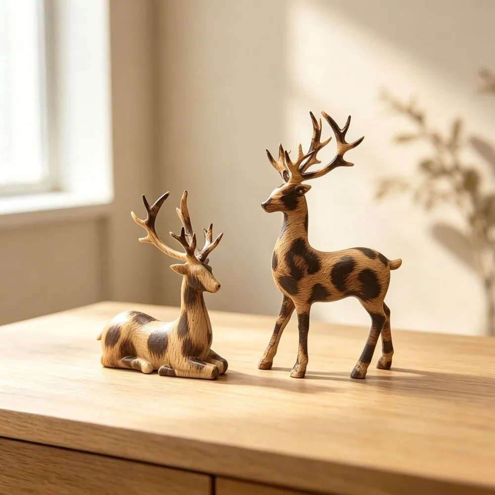 1 Pair Vintage Christmas Deer Figurine Sitting/Standing Position Realistic Deer Desktop Statue 3D Crafts Plastic Deer Sculpture
