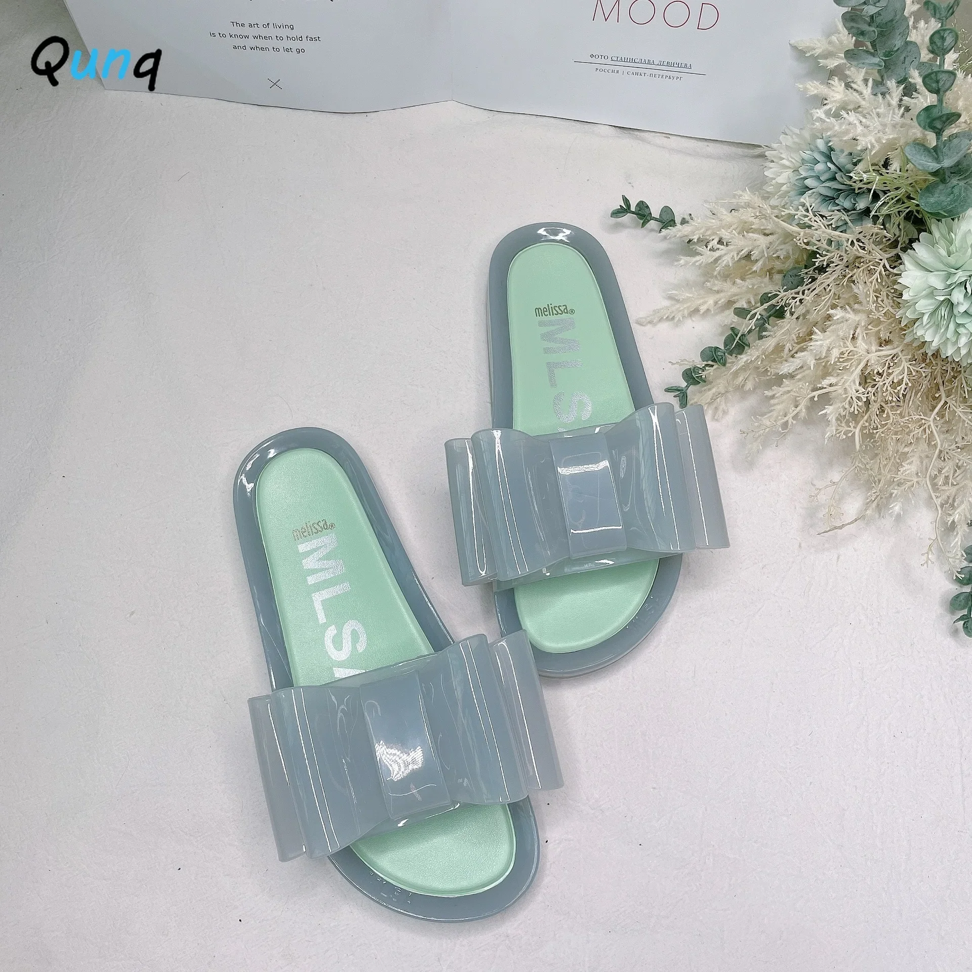 Qunq One Word Solid Jelly Bowknot Quick Dry Breathable Slipper Outdoor Beach Slipper Casual Lovely Flat Heel Shousehold Slippers