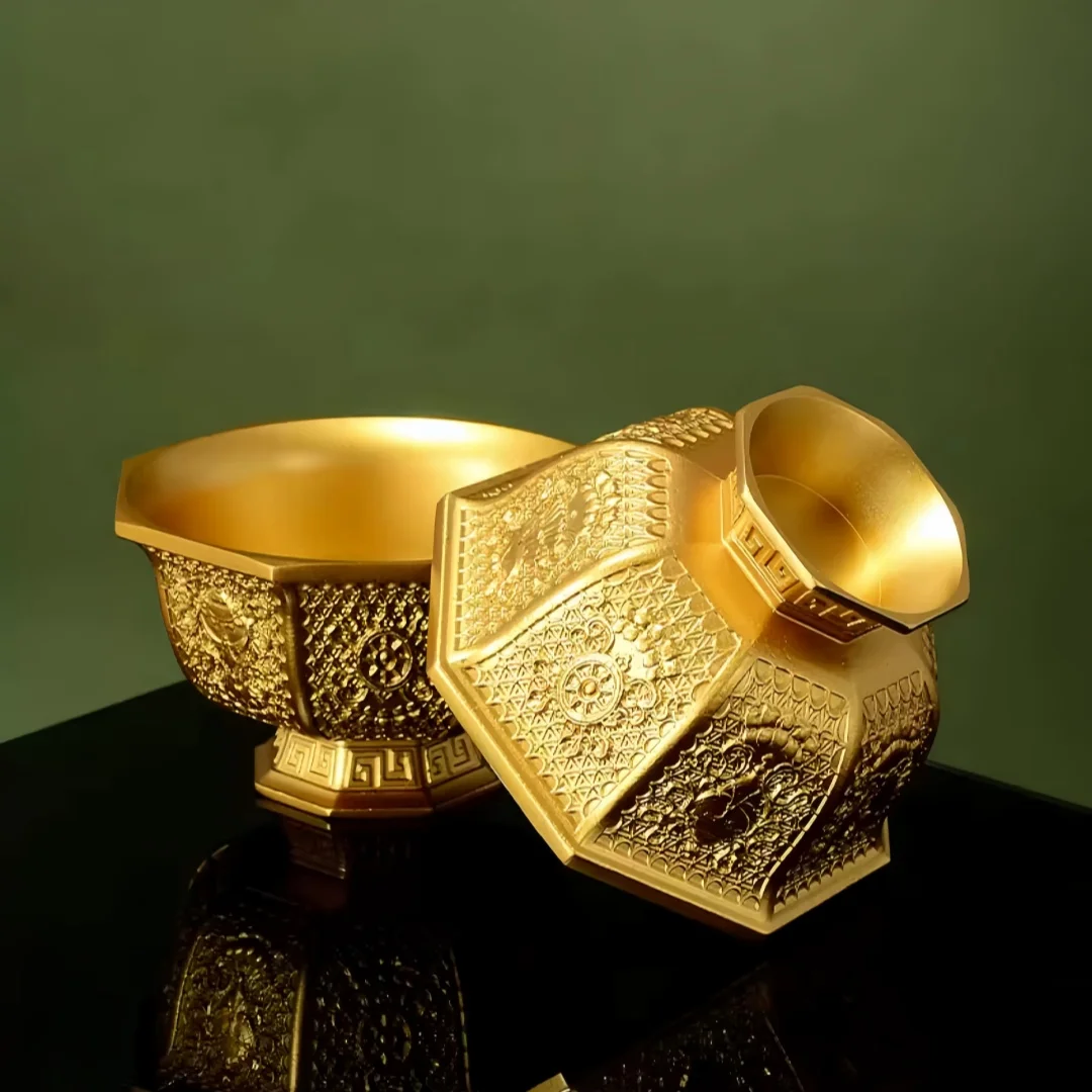 Tibetan Octagonal Eight Auspicious Water Offering Bowl Copper Eight Seven Offering Cup Wealth God Guanyin Home Ornament