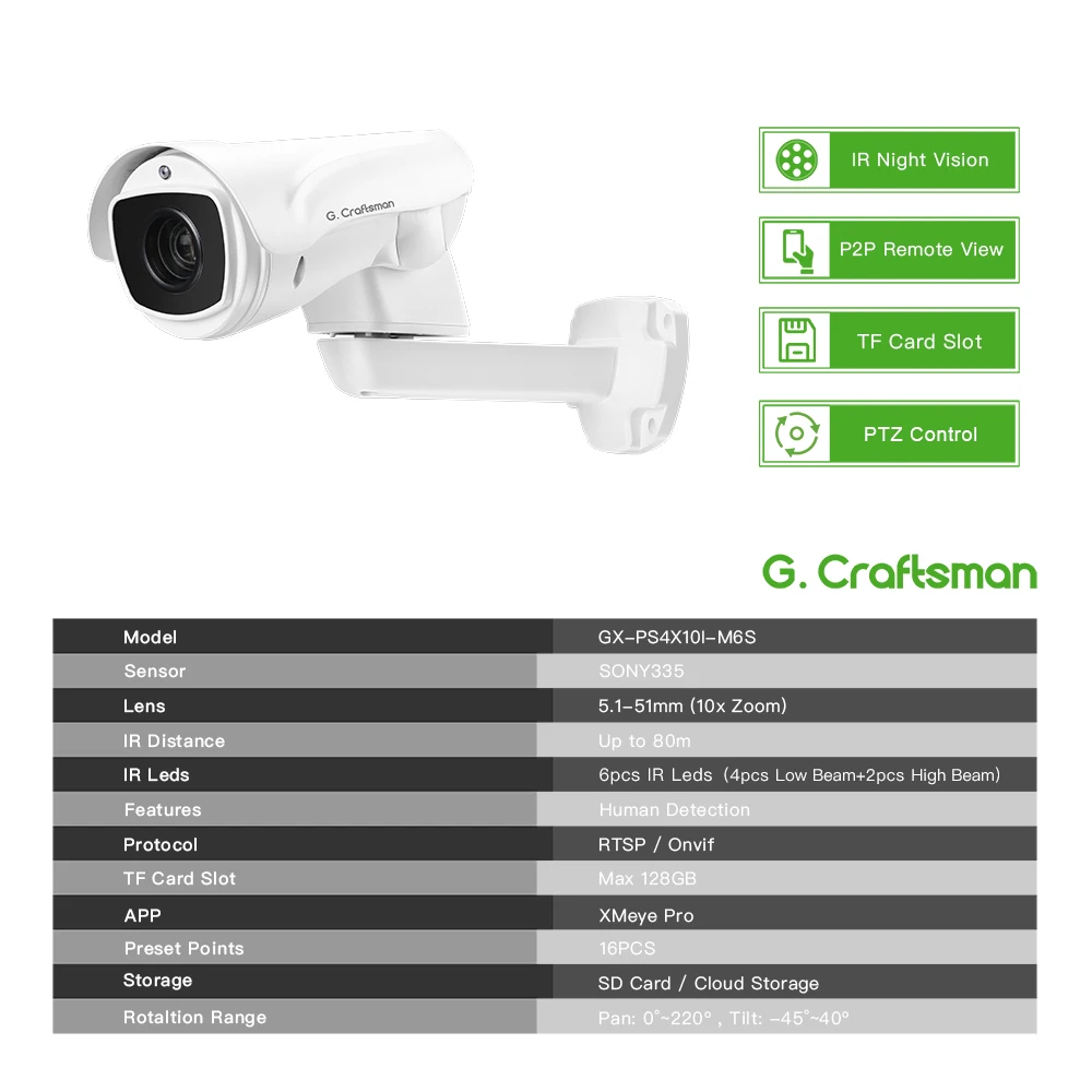 G.Craftsman,10X Optical Zoom, POE, PTZ, 5.1-51mm Lens ,6MP SONY IMX335, SD Card ,Surveillance Security, CCTV Video