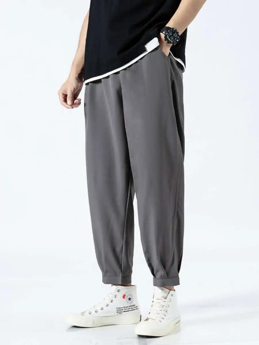 

Летние мужские брюки из ледяного шелка, свободные, прямого кроя, тонкие, модные, в японском стиле, больших размеров, повседневные, длинные, длиной 7/8, струящиеся