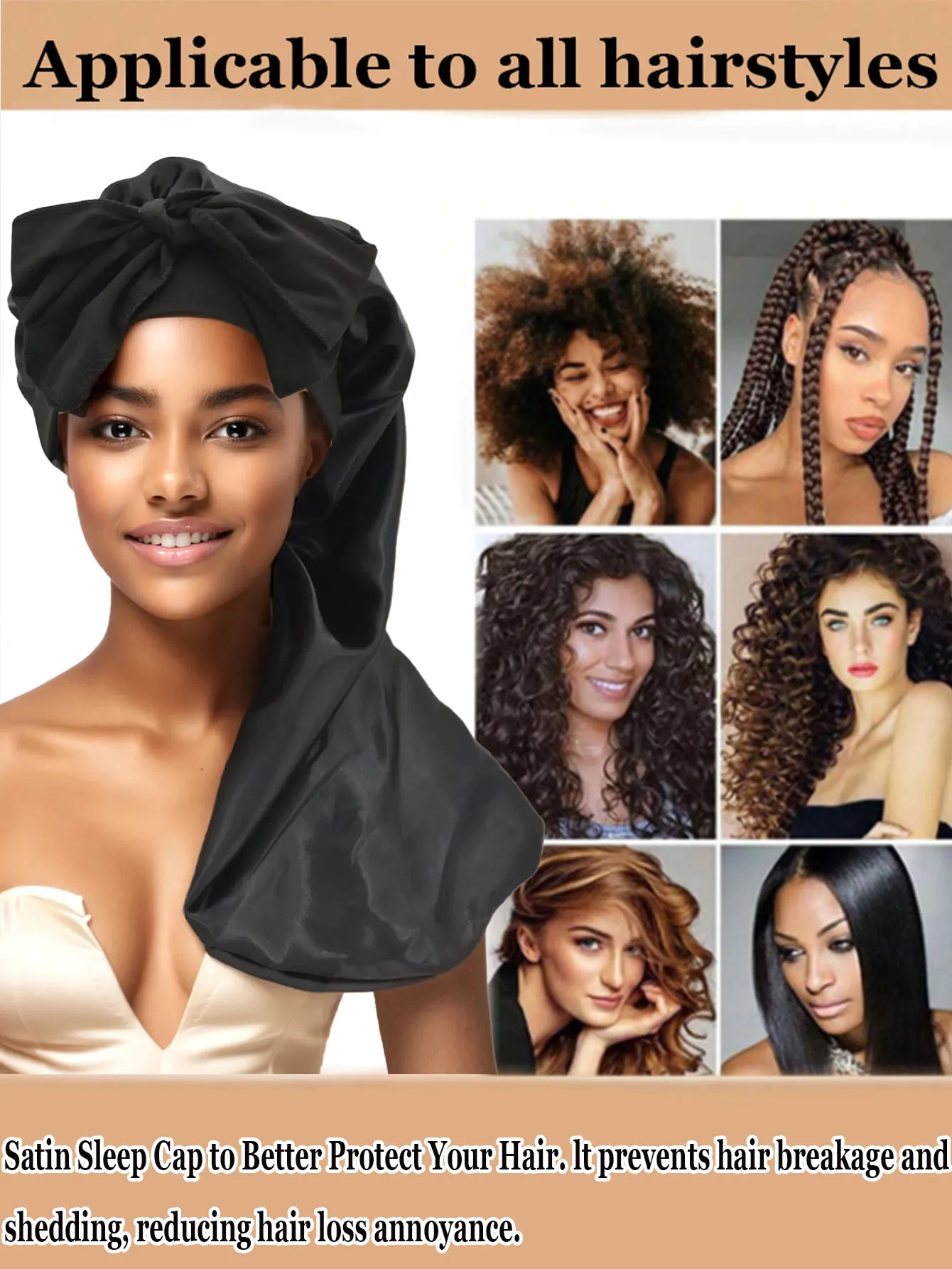 Adult Long-Sleeved Satin Sleep Cap Soft Smooth Comfortable Hair Protector for Straight And Curly Hair Regular Size