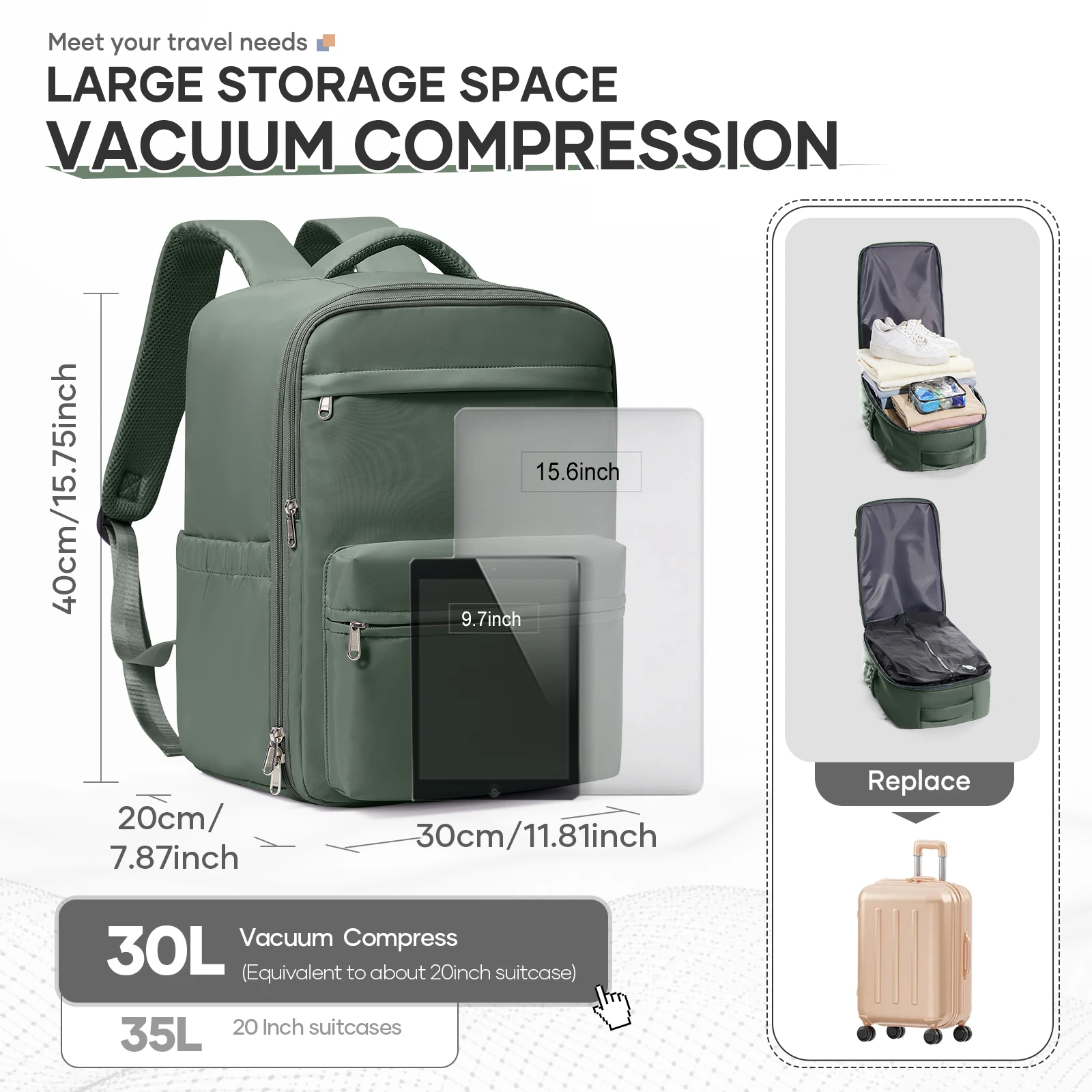 Ryanair 40x30x20 Travel Backpack Vacuum Compression Backpack ,  Wizzair Cabin Bag 15.6