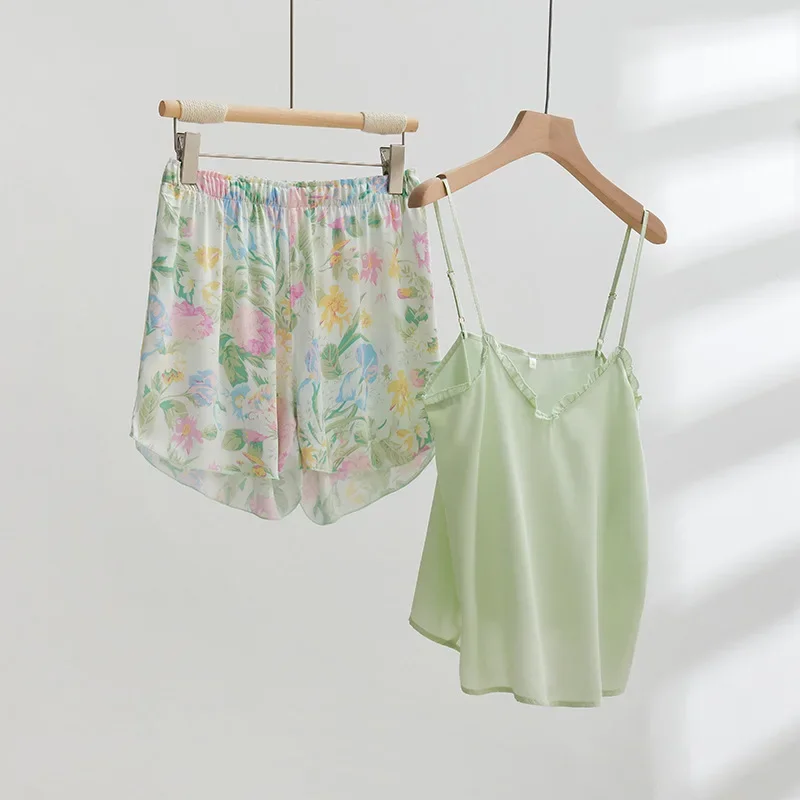 Summer Women\'s Clothing Satin Mint Green Printing Suspender Shorts Pajamas for Women Viscose Floral Sexy Sleepwear 2 Piece Set