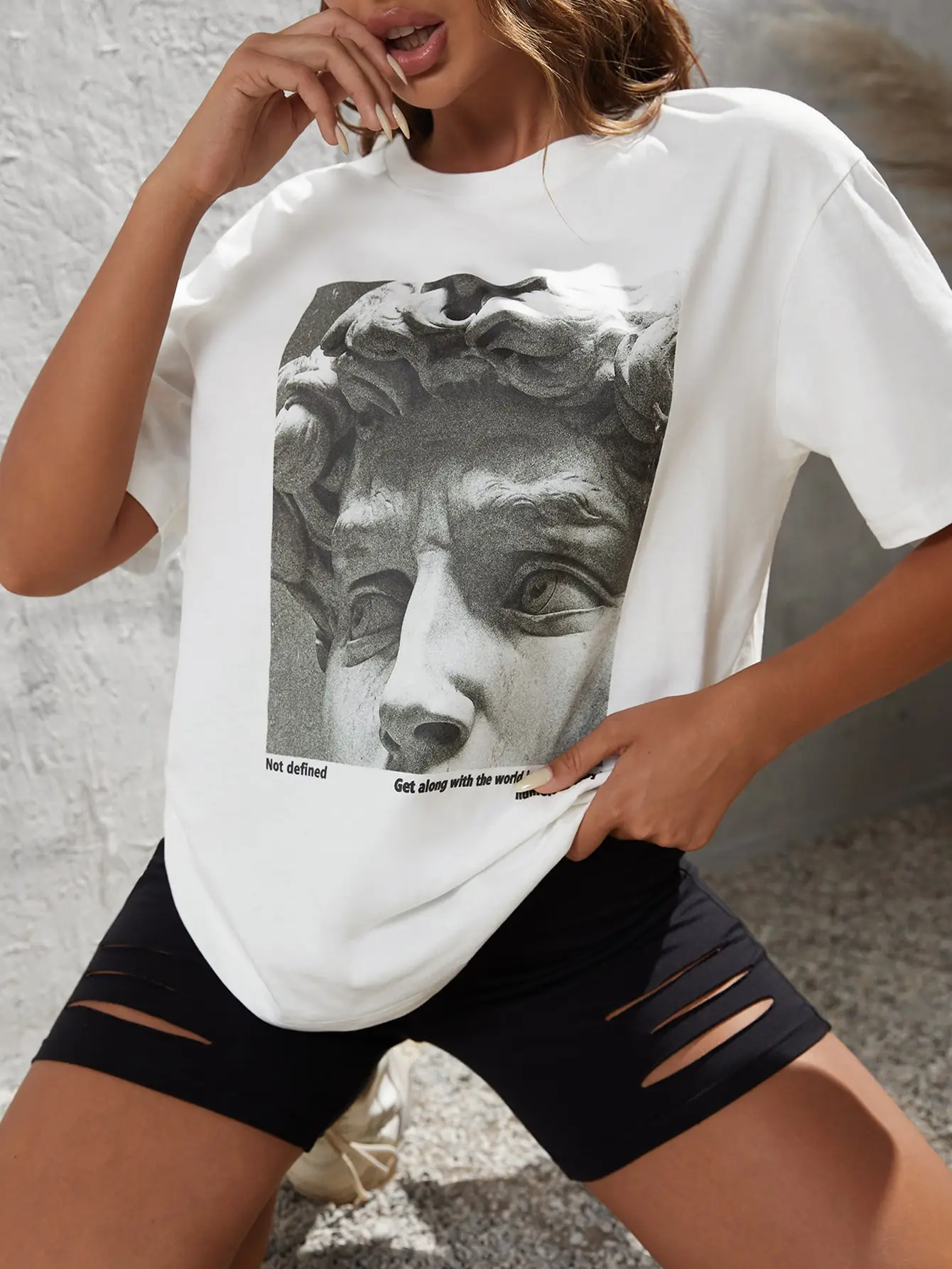 Sculpture Not Defined Get Along With The World Print Womens Cotton Short Sleeve Creativity Funny O-Neck T-Shirts Female Clothing