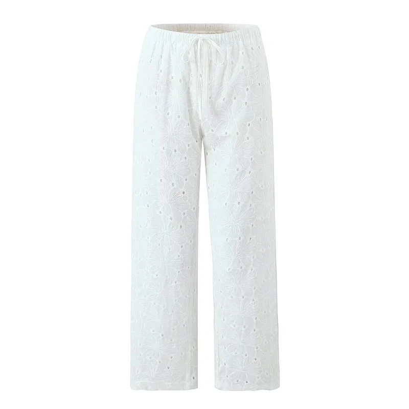 

Fashion Hollow Out Embroidery Straight Pants Women Drawstring Elastic Waist Cotton Casual Summer White Trousers New 2025