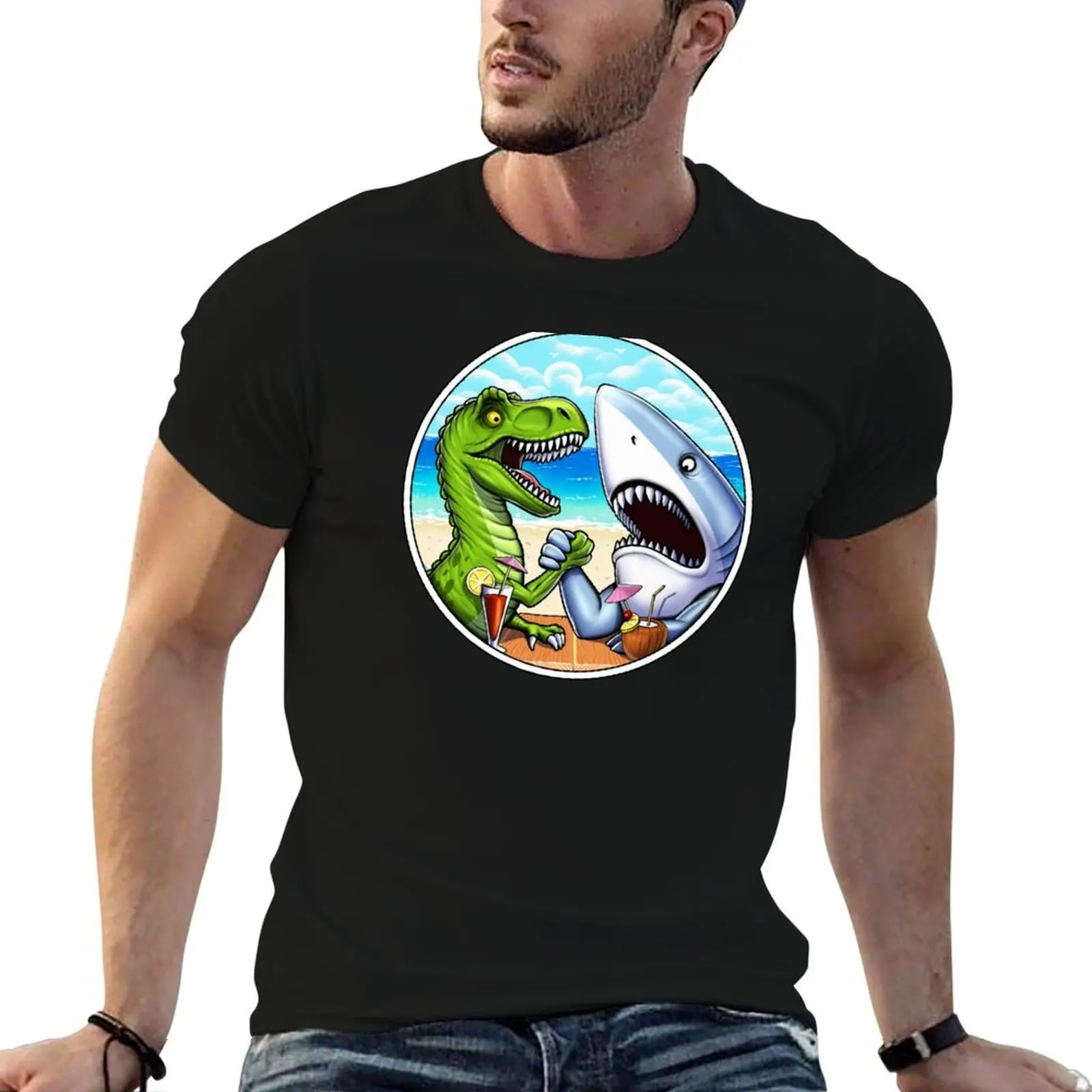 

T-Rex Dinosaur Shark Arm Wrestling T-Shirt man t shirt summer anime tshirt T-Shirt