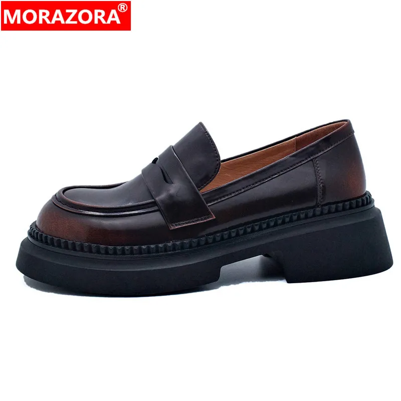 

MORAZORA New Genuine Leather Women Loafers Slip On Platform Pumps Shoes Round Toe Solid Color Ladies Office Dress Shoes