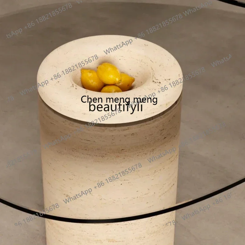 CC182Natural mesa de centro creativa de forma especial para sala de estar de vidrio con borde de travertino mesa de centro pequeña medieval R