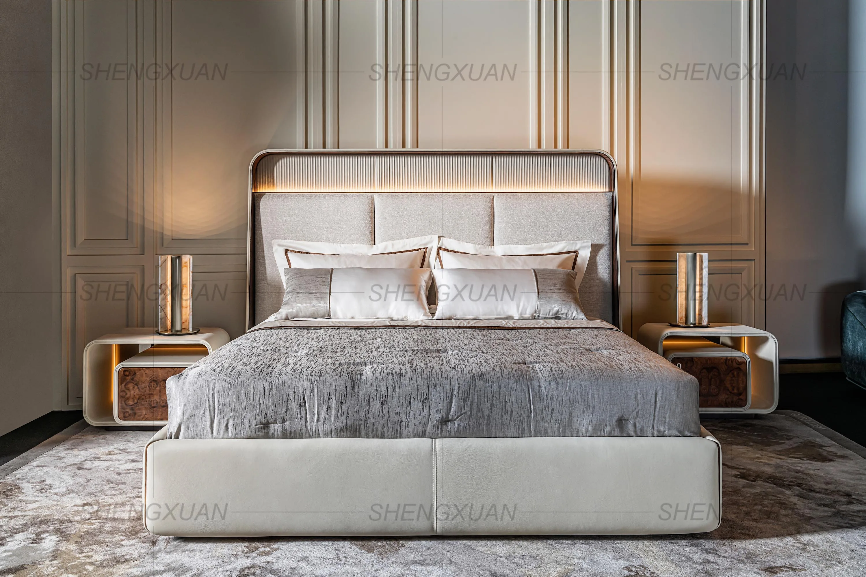 

Hotel Luxury White Queen Bed Led Lights Chinese Bed Side Table Bed Nordic Upholstered Student Cama De Casal Furniture Home