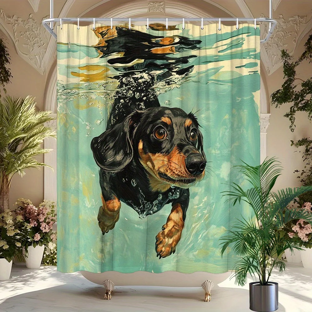 

Dachshund Underwater Swimming Shower Curtain Dreamy Turquoise Abstract Ocean Scene Black Brown Dog Funny Art Bathroom Decor