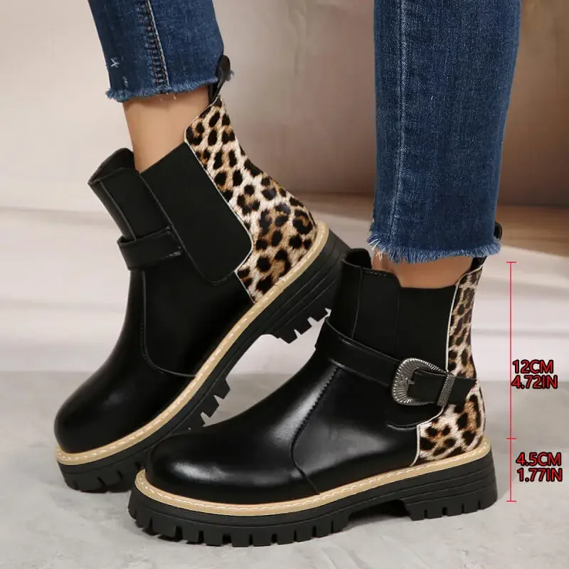 

High Quality Luxury Leopard Print Leather Ankle Boots for Women Fashion Woman's Short Booties Designer Metal Buckle Punk Boots