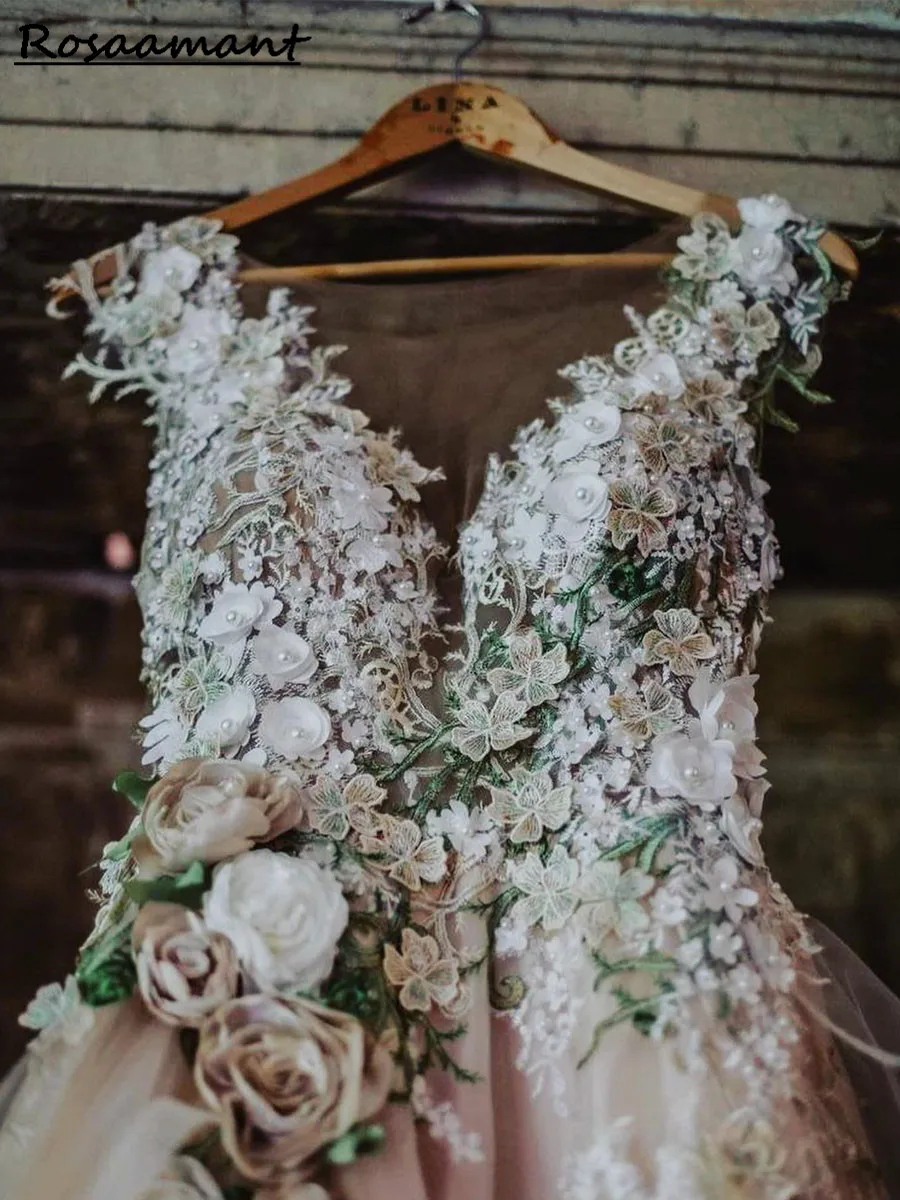 2023 abiti Casual giardino 3D fiore foglia pizzo abiti da sposa abiti modesti Backless a-line lungo Tulle da sposa floreale Party