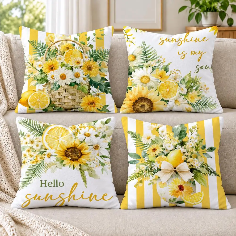 4PC Summer Daisy Lemon Cushion Cover Soft Plush Double-Sided Print Throw Pillow Cover Home Decor for Sofa Living Room