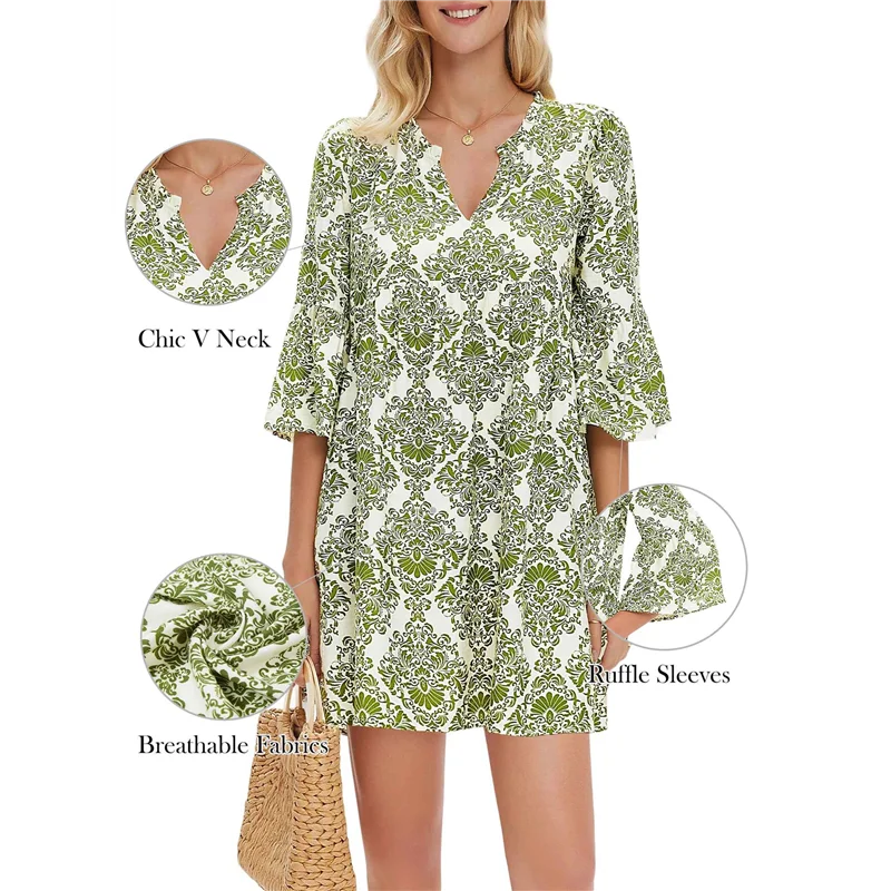 ASDS-Vestito Boho estivo da donna 2025 Casual scollo a V Babydoll con maniche a volant Mini tunica floreale Petite prendisole