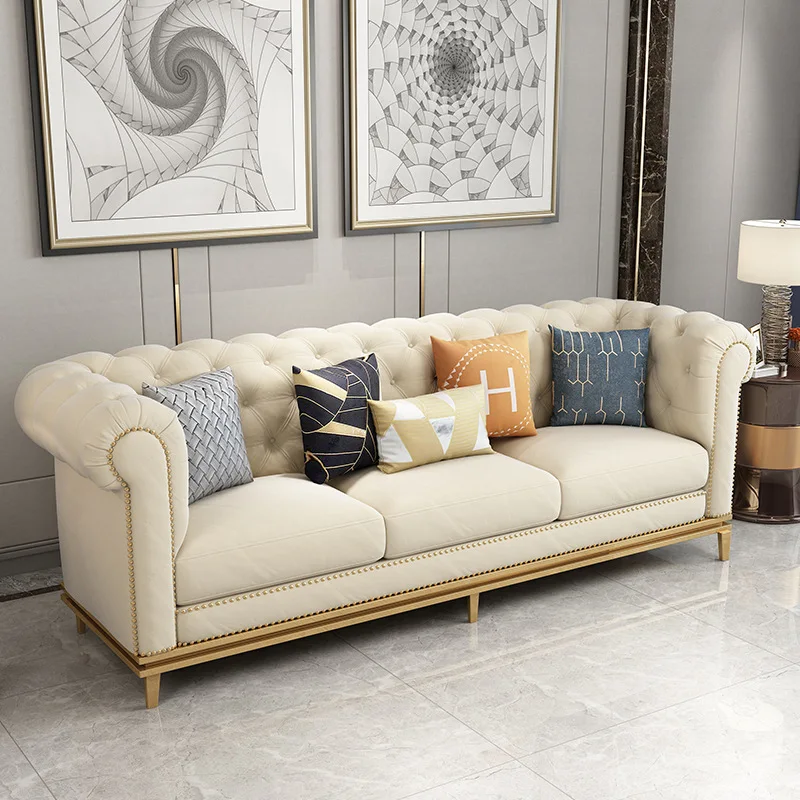 Sofás Clásicos Antiguos de Tela Italiana de 3 Plazas, Muebles para el Hogar de Estilo Europeo, Sofá Chesterfield de Lujo Ligero con Detalles en Terciopelo