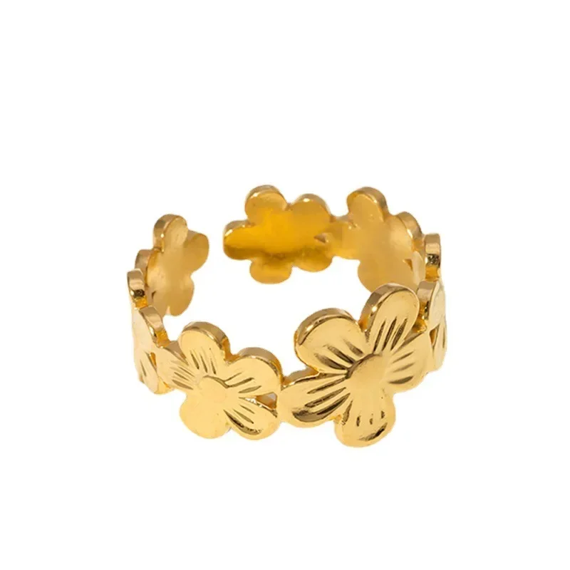 Stainless Steel Vintage Flower Rings Gold Silver Color Adjustable Open Finger Rings for Women Girls Accessories Gifts