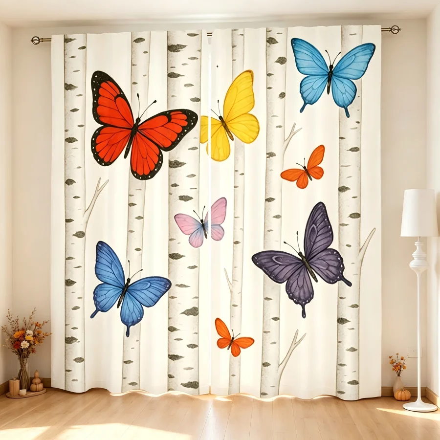 2PCS Digital Print Curtain, White Birch with Colorful Butterflies, Rustic Forest Nature Style for Living Room Bedroom Decor