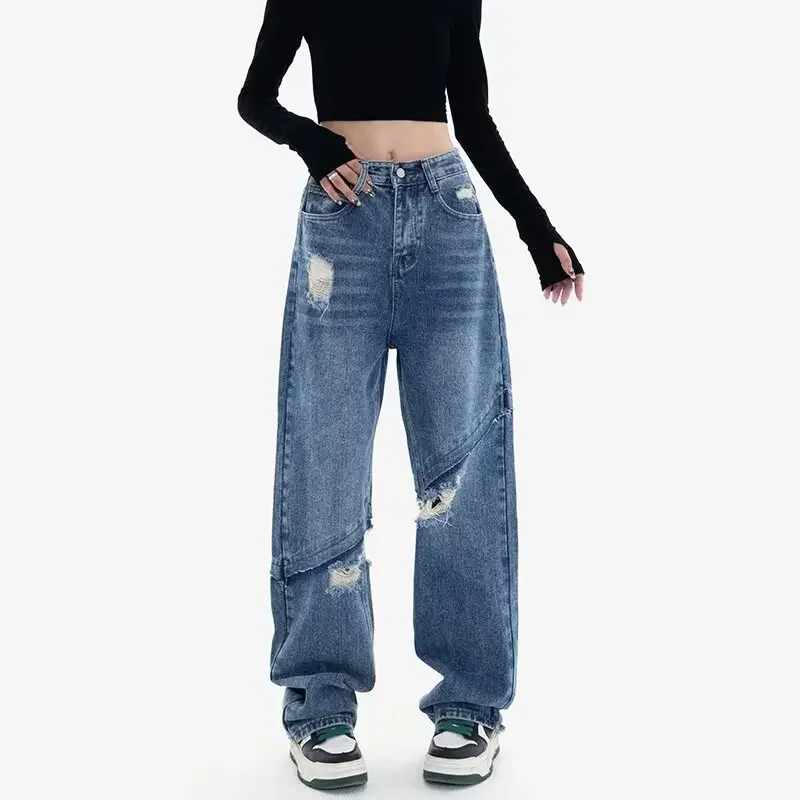 American High Street High Waist Loose Women Jeans Ripped Holes Fashion Street Woman Jeans Simple Basic Casual Pants Female