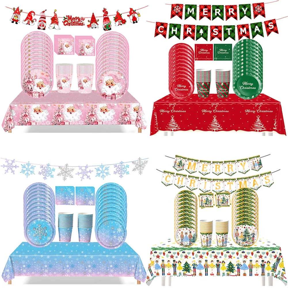 Christmas Disposable Tableware Set Merry Christmas Banner Tablecloth Paper Plates Cups Napkins Xmas Snowflake Santa Table Decor
