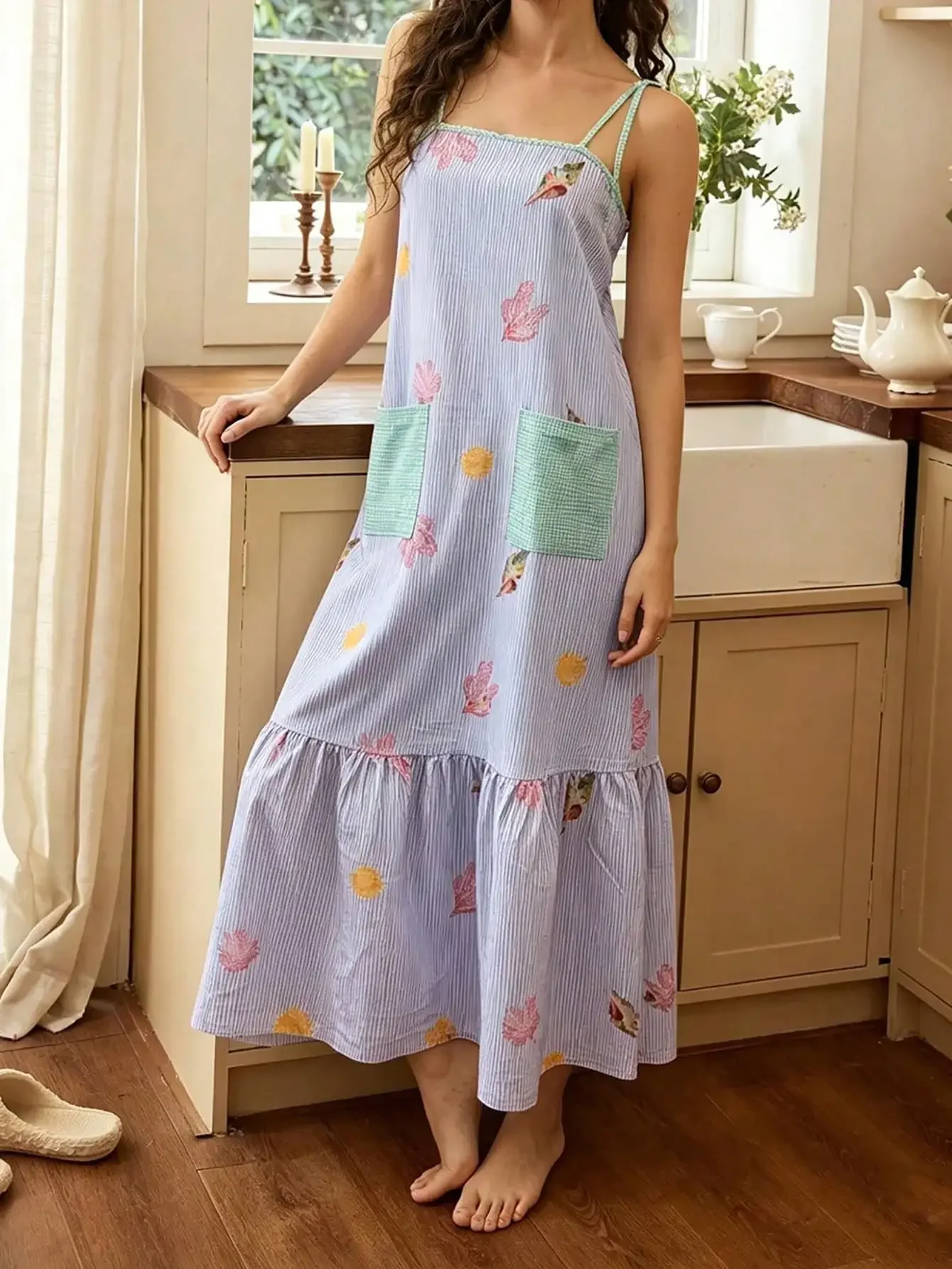 Snug Reverie Women's Blue Striped Nightgown With Cute Aquatic Animal Print And Ruffle Hem Long Strap Dress