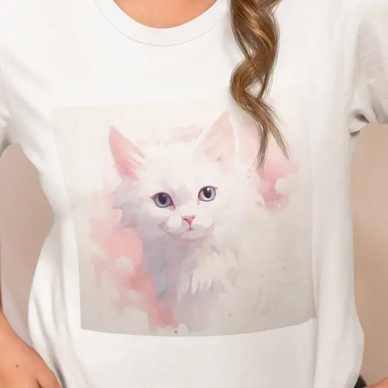 Niedliches weißes Katzen-T-Shirt für Liebhaber von entzückenden Katzen, 100 % Baumwolle