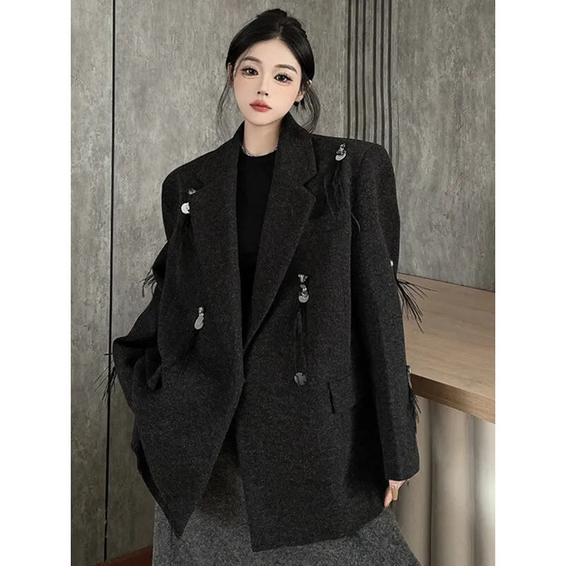 YERMORA Blazer Kasual Hangat Berumbai Rhinestone Abu-abu Untuk Wanita Kerah Lapel Lengan Panjang Longgar Jaket Baru Mode Musim Gugur Musim Dingin 2025