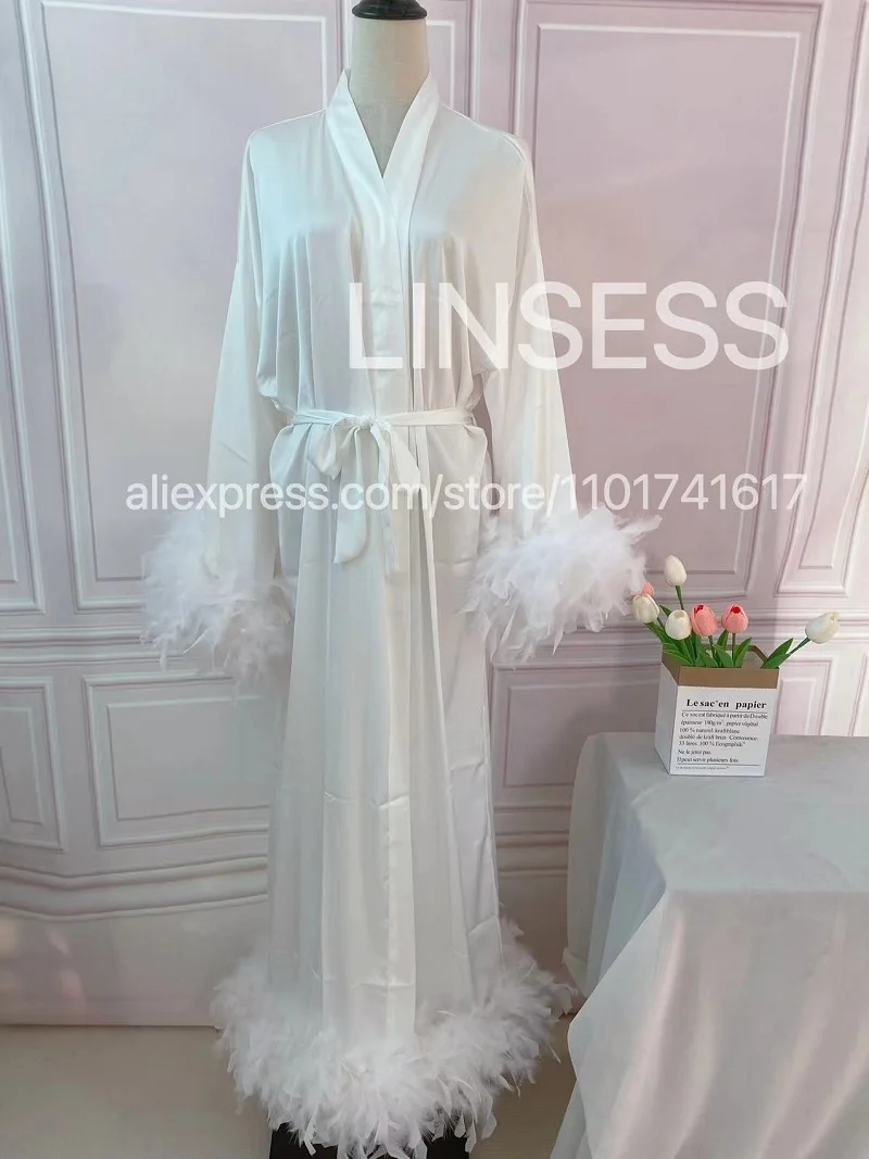 

Floor Length Maxi Dressing Gown Robes Long Bridal Robe with Feathers Boudoir Bridesmaid Gifts Satin Feather Trim Bride Kimono