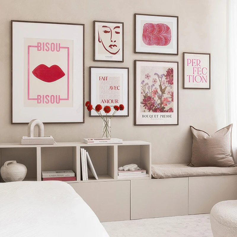 Pink Plant Romantic Reds Gallery Wall Art Poster Vintage Bouquet Canvas Painting Bisou Print Decorative Pictures for Living Room
