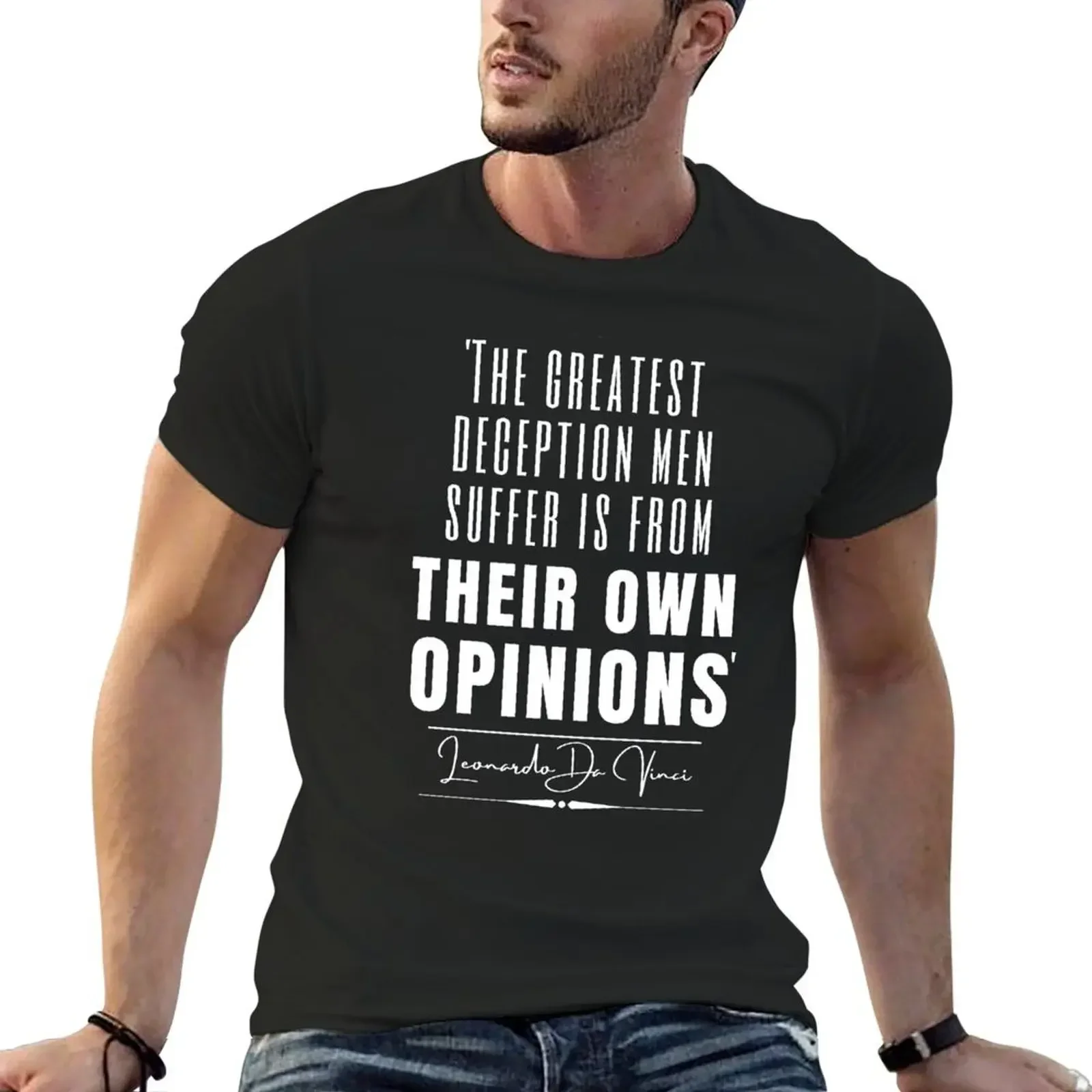 

Leonardo da Vinci Words of Wisdom Historical Quote- “The greatest deception men suffer is from their own opinions.” T-Shirt