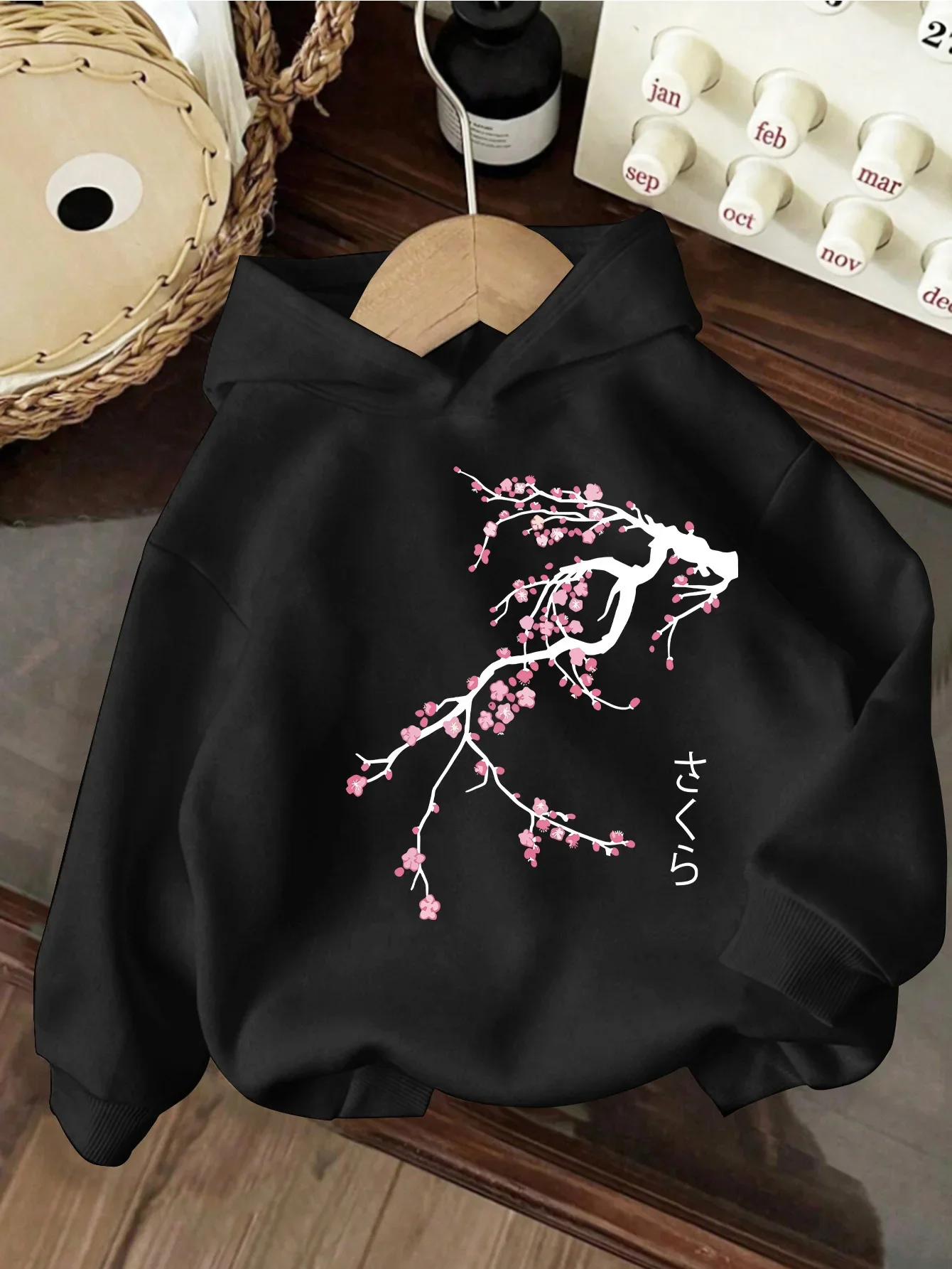 Autumn/Winter Children's Casual Hooded Sweatshirt, Japanese Style, Cherry Blossom Print, Soft and Cool Children's Casual Top.