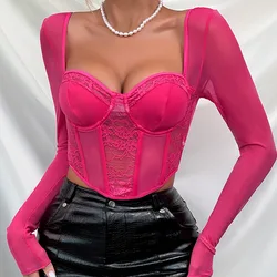 Vintage Lace Mesh Long Sleeve T Shirt Casual Asymmetrical Slim Sexy Tshirt Chic Gothic Tees Women Streetwear Hotsweet Crop Top