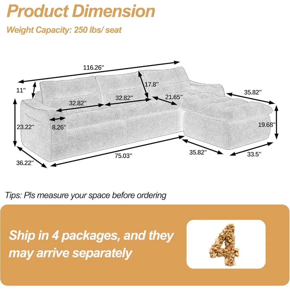 Modular Sectional Sofa, 116'' Modern Minimalist L Shaped Couch with Ottoman, Oversized Lazy