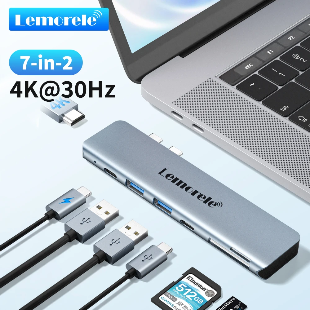 Lemorele 7-in-2 USB HUB Typ C HUB Multi USB Splitter Adapter HDMI 4K@30Hz TF SD USB 2.0 PD 60W Aufladen für MacBook PC Laptop