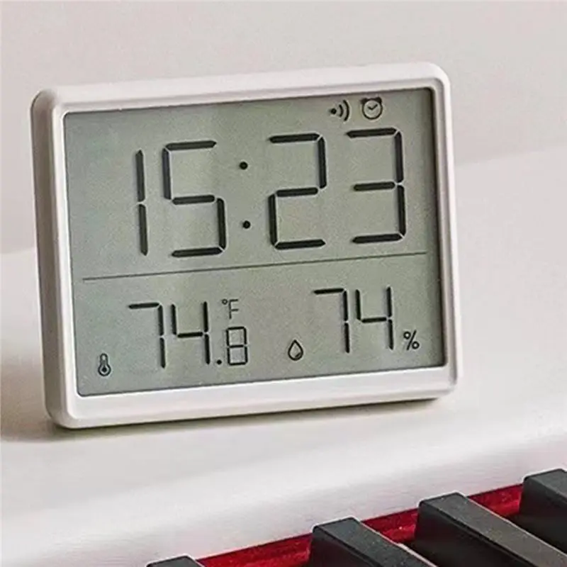 ABQU Digital Wall Clock with LCD Screen Alarm Temperature Humidity Display Adhesive Mount Kitchen Electronic Timepiece White