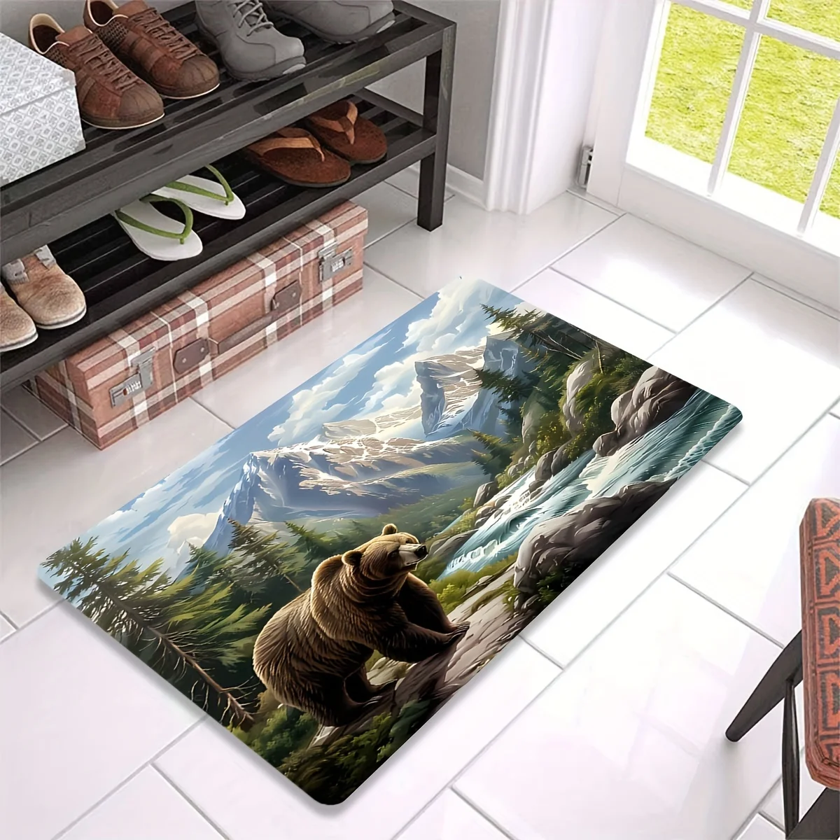 Realistic Grizzly Bear in Mountain Landscape Doormat for Entryway Hallway Outdoor Porch Mat