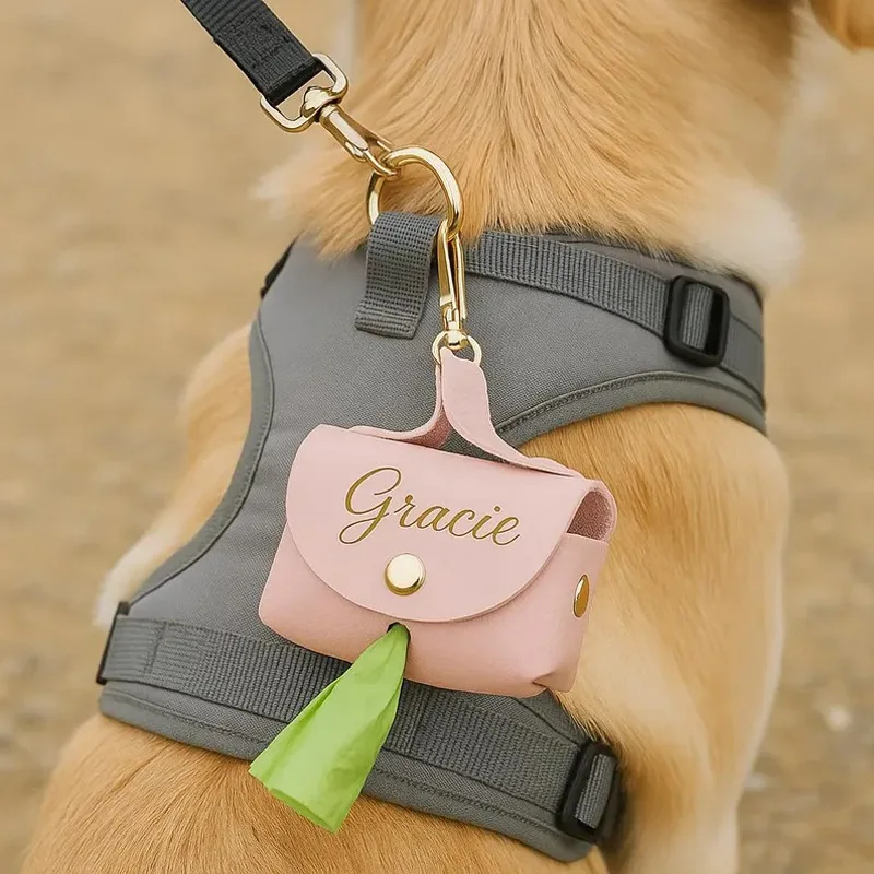 Personalised PU Leather Dog Poop Bag Holder with Name Engraving, Can Be Used for Taking Your Dog Out