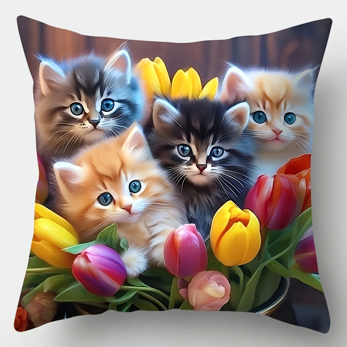 1pc 2D Flat Pillow Not Included Kittens Tulips Flower Basket Cushion Cover Short Plush Cute Kids Decor Gift Case