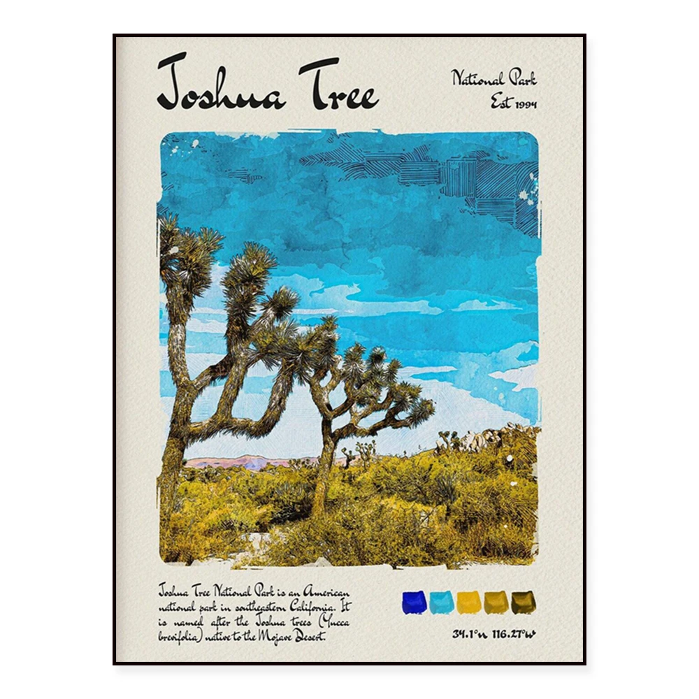 Watercolor travel poster of St Andrews, Pebble Beach Golf Course, Madrid, Loch Ness, Arch, Windermere Lake District National Par